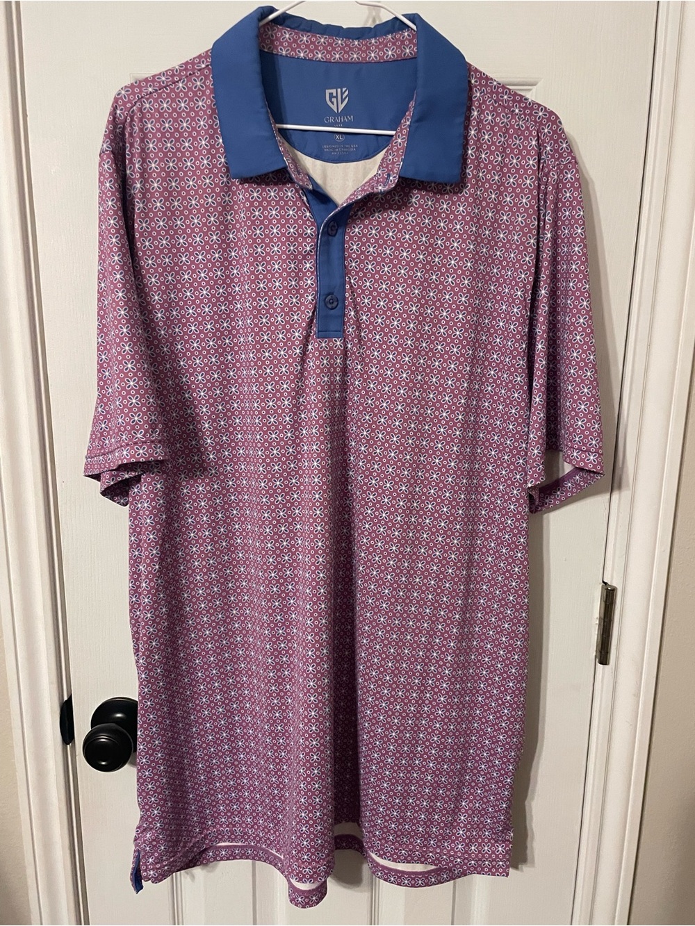 G/FORE Men's Pink Patterned Polo with Blue Contrast Collar